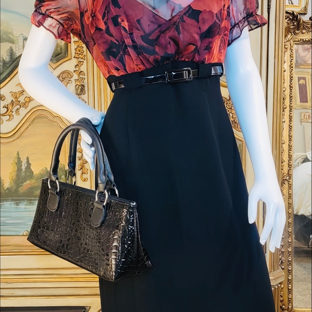 Connected Apparel Black Burgundy Floral Chiffon Belted Midi Dress